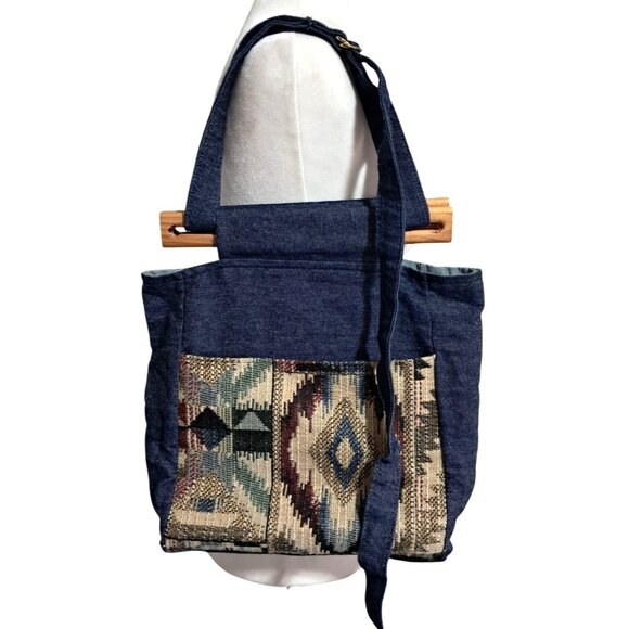 Handcrafted Denim Tote Bag With Wooden Handles & Southwestern Patterned Pockets - Picture 2 of 8